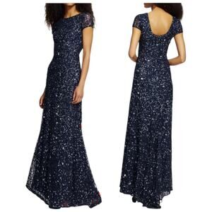 Adrianna Papell Scoop Back Sequin Gown Navy Blue Floor Length Formal Women's 8